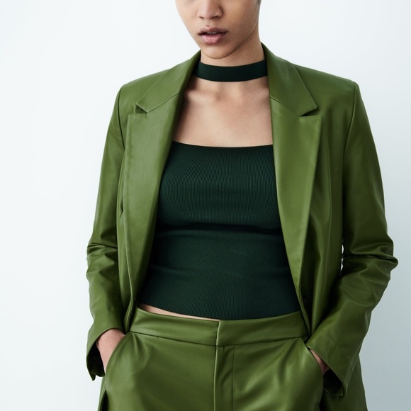 ZARA 2pcs Faux Leather Blazer + Full Length Faux Leather Pants Green BNWT - Picture 4 of 8